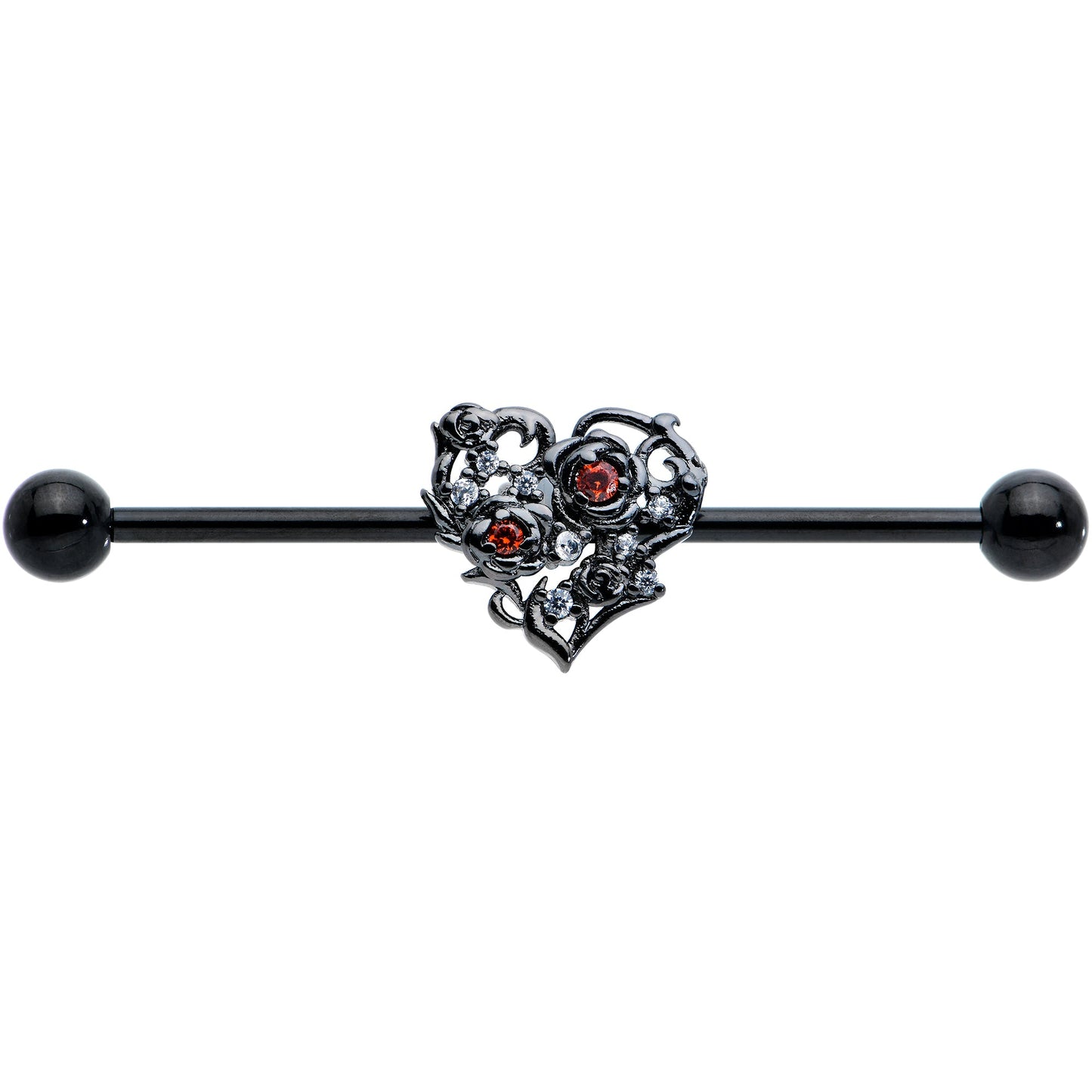 14G Clear Red CZ Gem Black Heart Floral Industrial Barbell 38mm