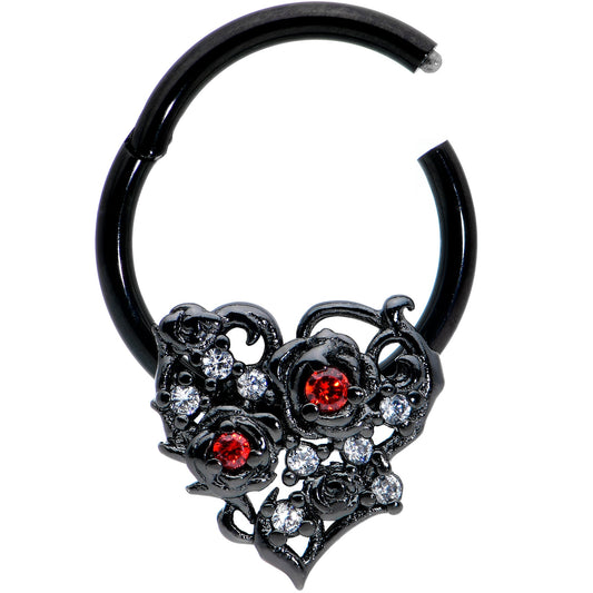 16G 3/8 Clear Red CZ Gem Black Heart Floral Hinged Segment Ring