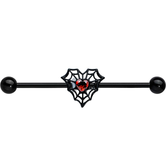 14G Red Gem Black Spider Heart Web Industrial Barbell 38mm