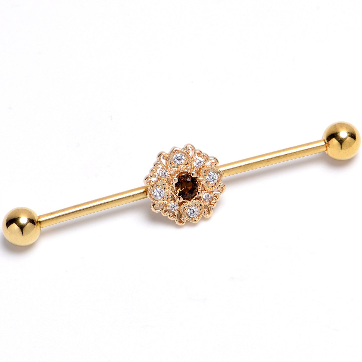 14G Yellow Gem Gold Tone Luxe Hearts Industrial Barbell 38mm