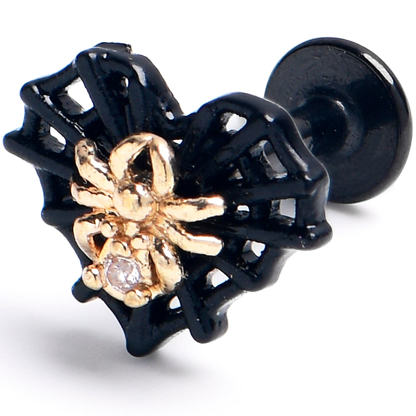16G 1/4 Clear Gem Black Golden Spider Web Heart Labret