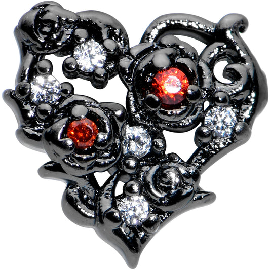 16G 1/4 Clear Red CZ Gem Black Floral Heart Cartilage Earring