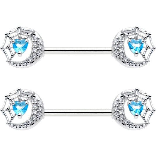 14G 9/16 Blue CZ Gem Heart Web Moon Barbell Nipple Ring Set