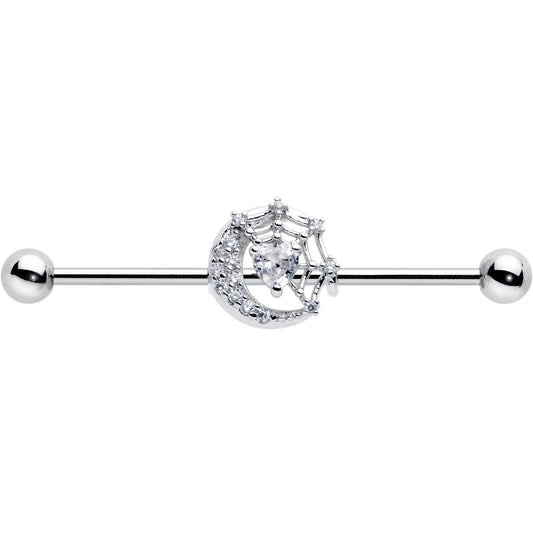 14G Clear CZ Gem Heart Web Moon Industrial Barbell 38mm