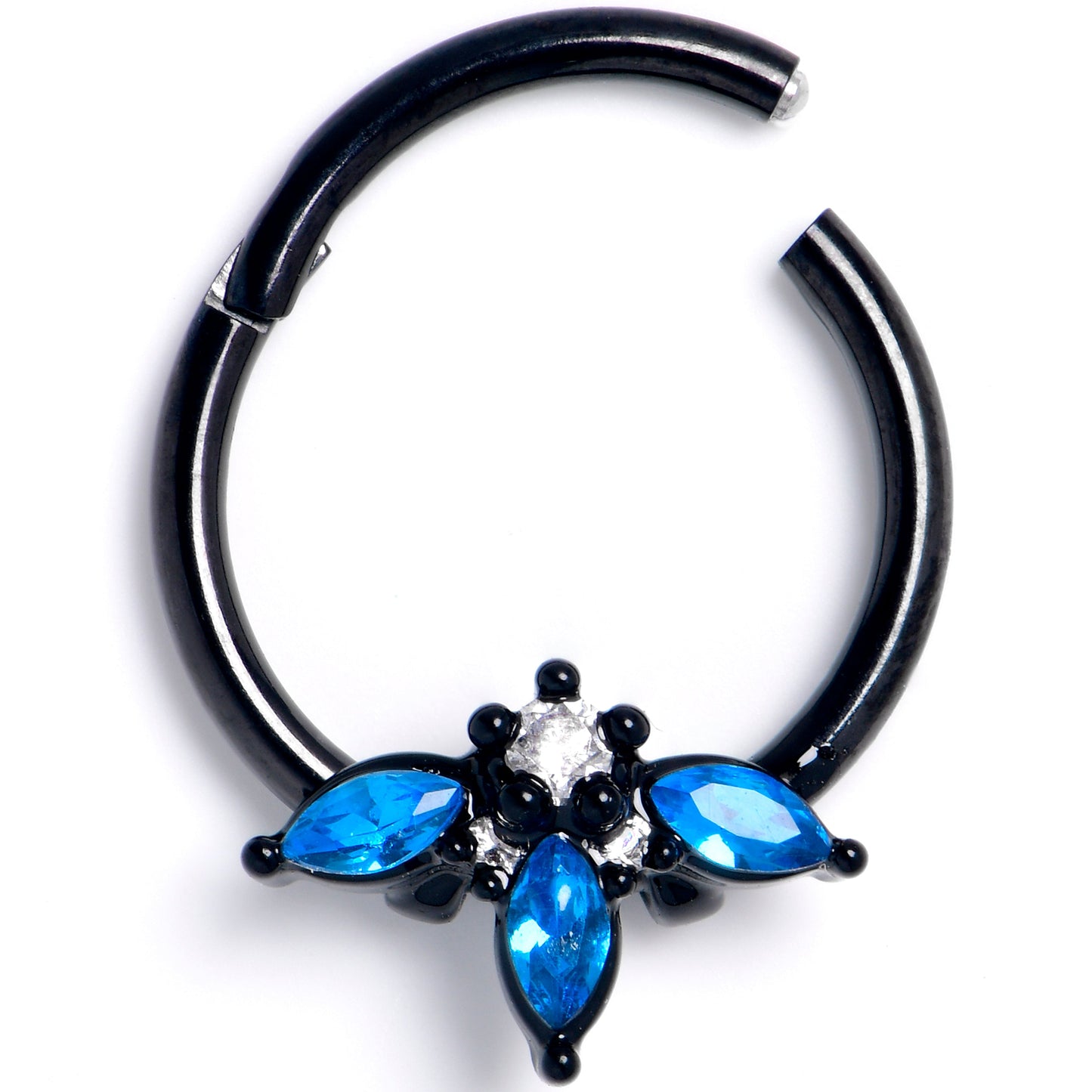16G 3/8 Blue Clear Gem Black Goth Flower Hinged Segment Ring