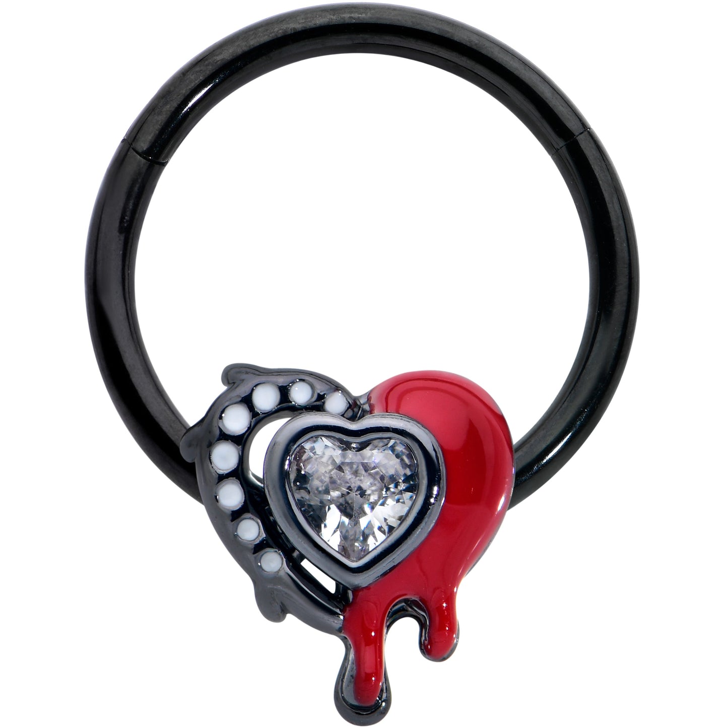 16G 3/8 Clear Gem Black Bleeding Heart Hinged Segment Ring