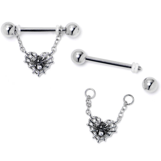 14G 9/16 Clear CZ Gem Heart of Spider Chain Dangle Nipple Ring Set