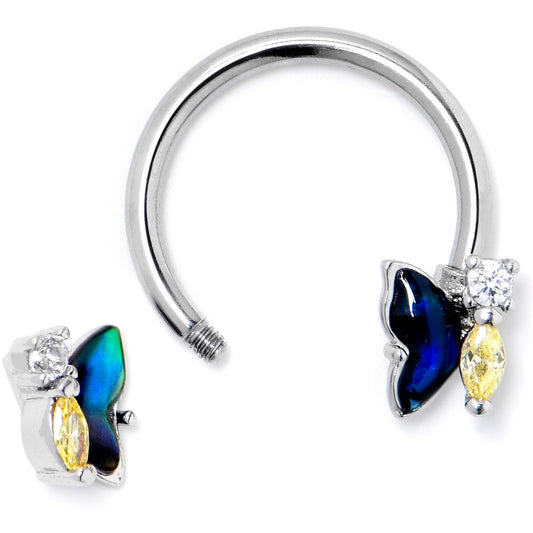 16G 3/8 Yellow Clear Gem Dark Butterfly Horseshoe Circular Barbell