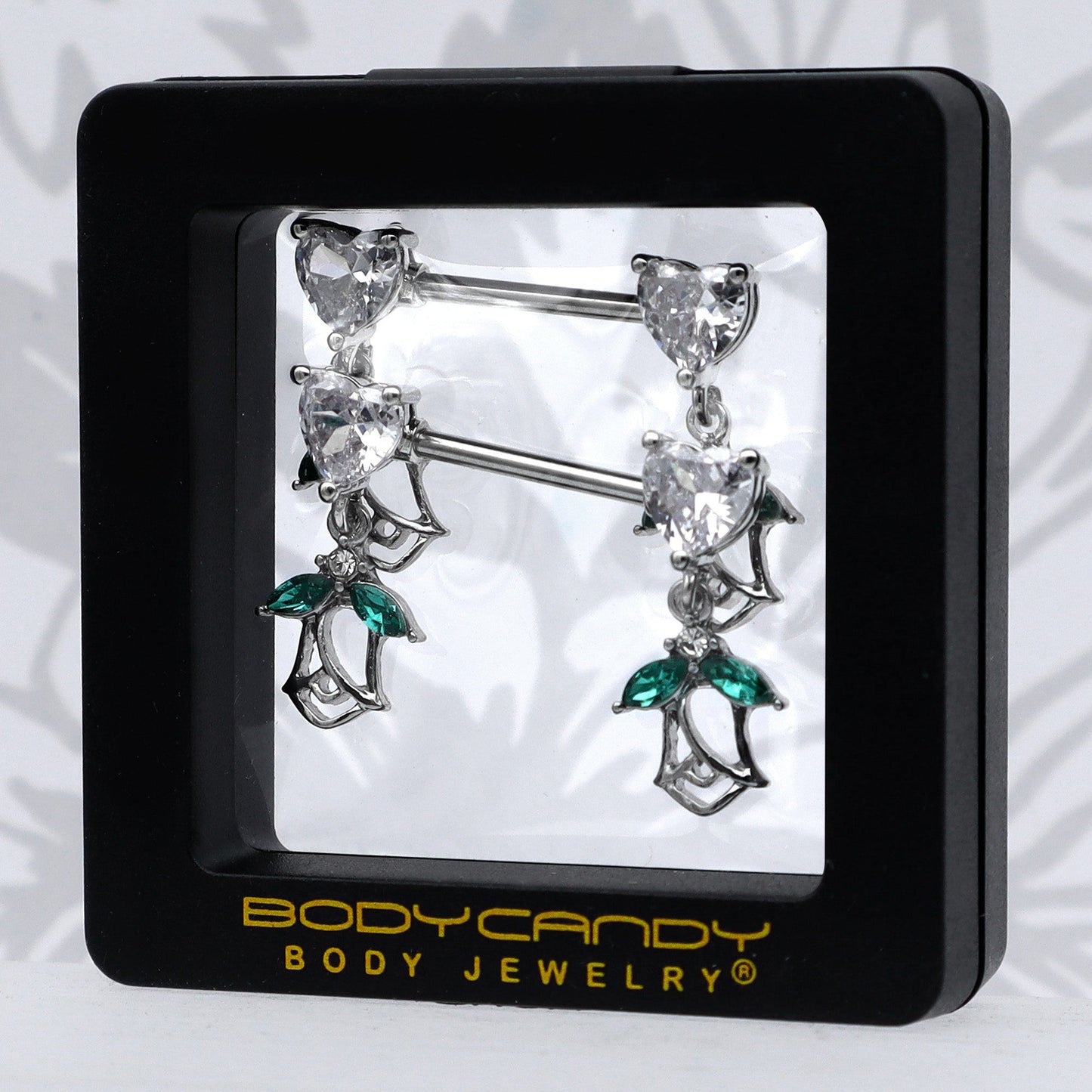 14G 9/16 Clear CZ Gem Hearts And Roses Dangle Nipple Ring Set