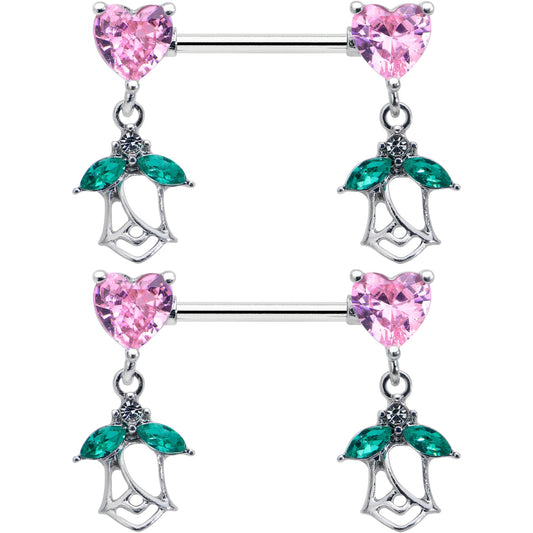 14G 9/16 Pink CZ Gem Hearts And Roses Dangle Nipple Ring Set