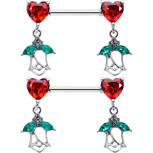 14G 9/16 Red CZ Gem Hearts And Roses Dangle Nipple Ring Set