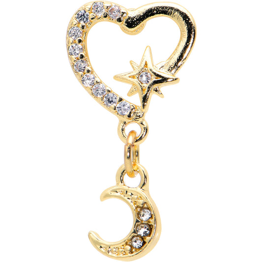 16G 1/4 Clear CZ Gem Gold Tone Heart Moon Dangle Cartilage Earring