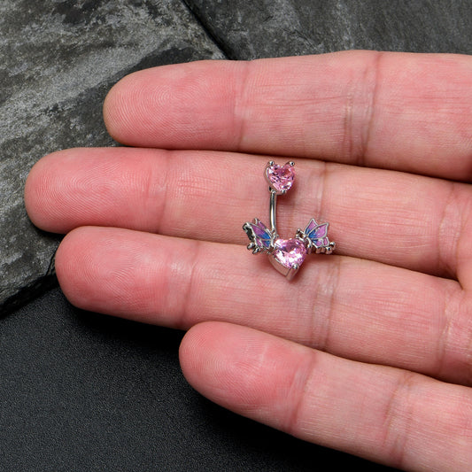 Pink CZ Gem Hearts Butterflies Purple Double Mount Belly Ring