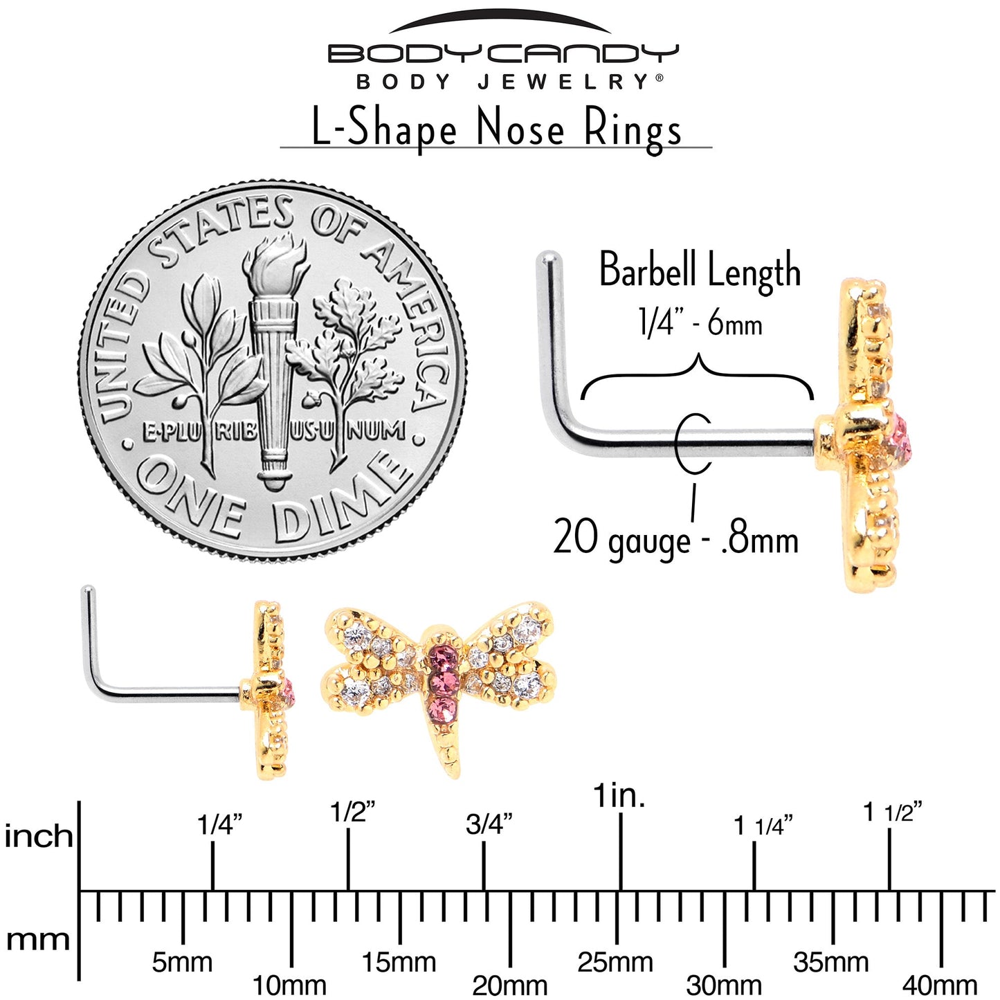 20G 1/4 Pink Clear Gem Dragonfly Drama L Shape Nose Ring