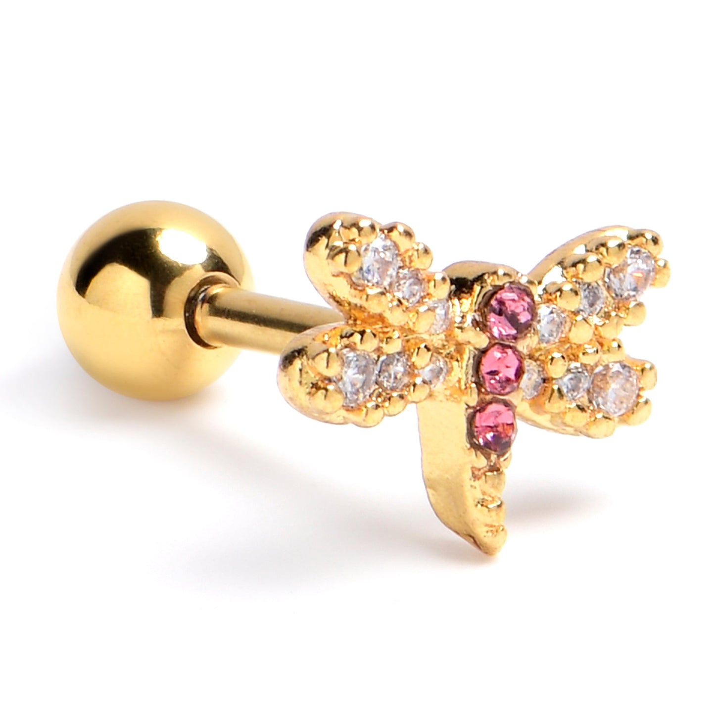 16G 1/4 Pink Gem Gold Tone Dragonfly Drama Cartilage Earring