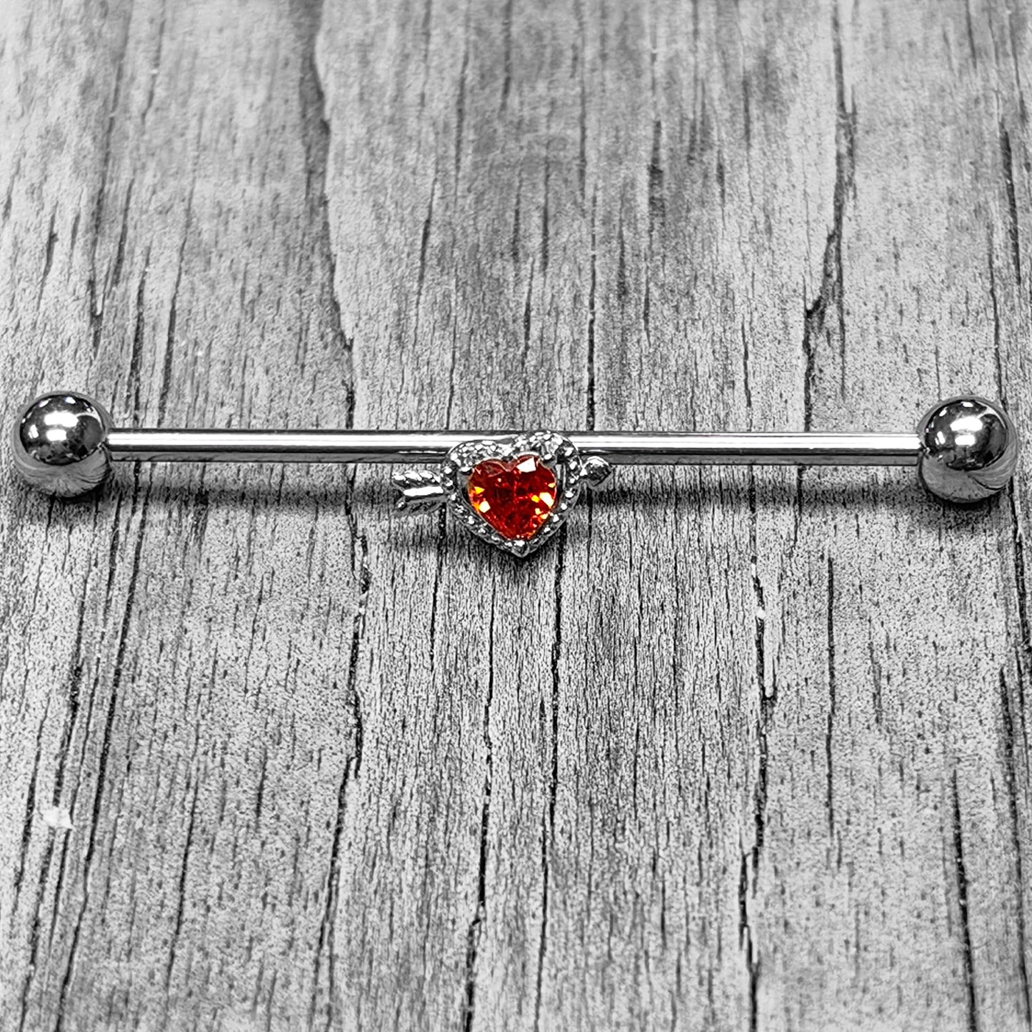 14G Red CZ Gem Fusion Of Love Heart Arrow Industrial Barbell 38mm