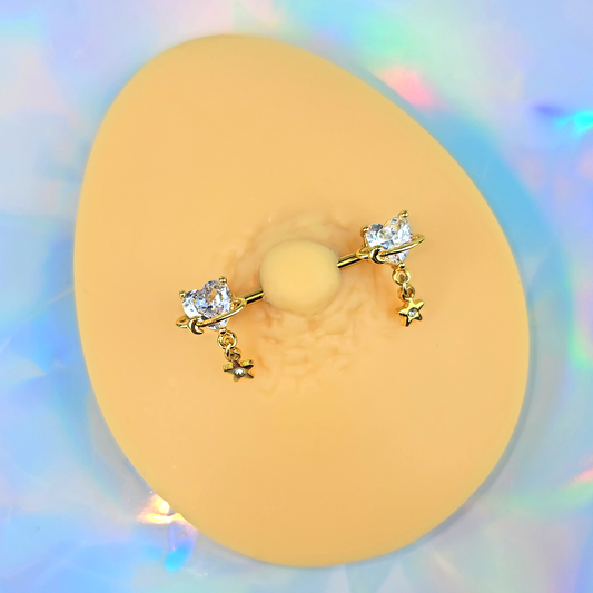 14G 9/16 Clear Gem Gold Tone Starry Heart Dangle Nipple Ring Set