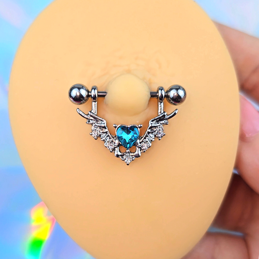14G 9/16 Blue Gem Winged Hearts Angel Dangle Nipple Ring Set