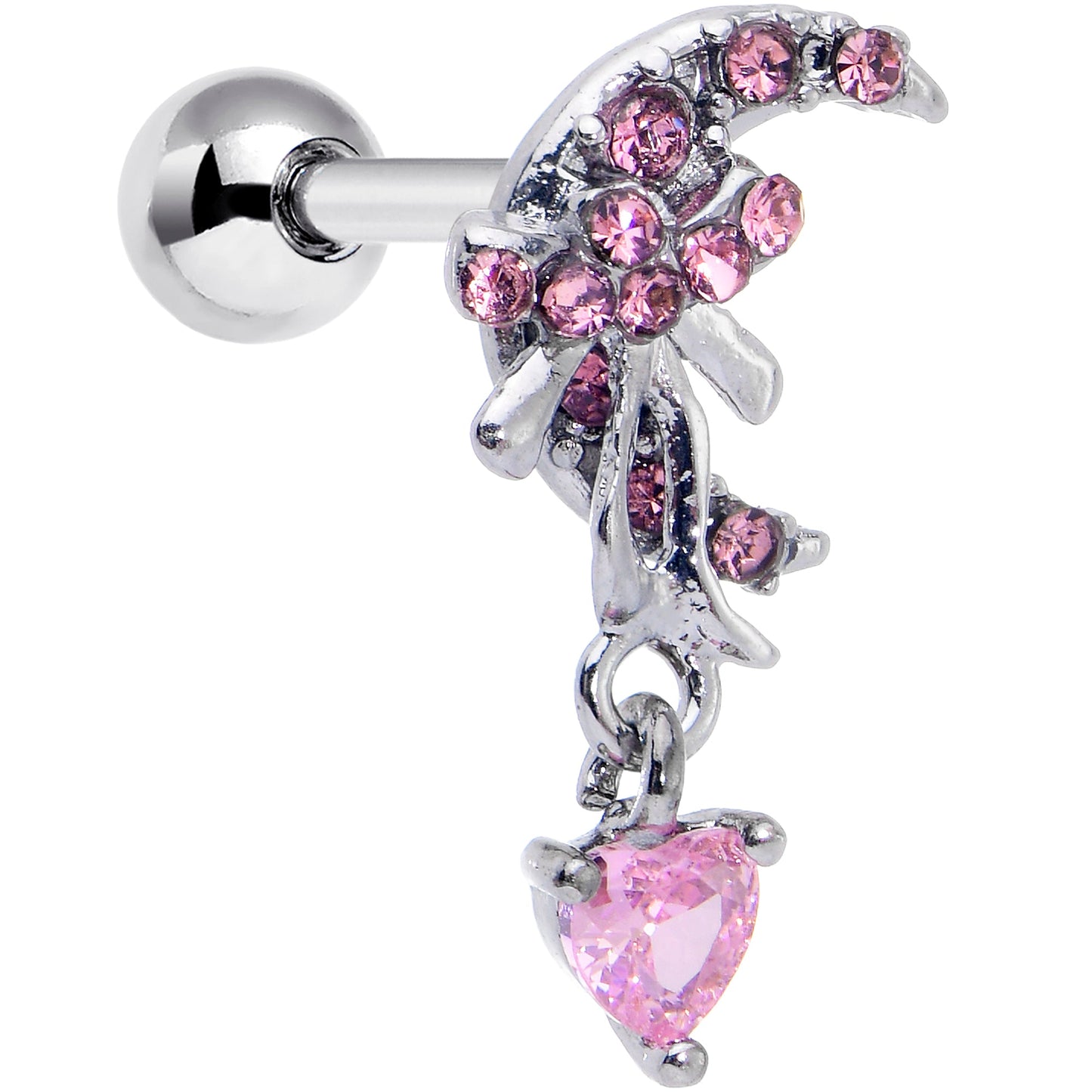 16G 1/4 Pink CZ Gem Moon Bow Heart Dangle Cartilage Tragus Earring