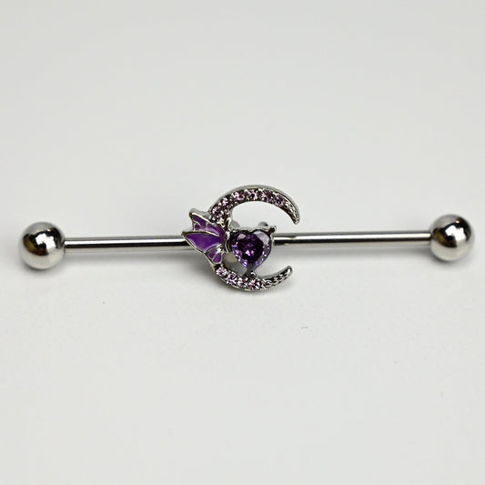 14G Purple Gem Moon Butterfly Heart Industrial Barbell 38mm