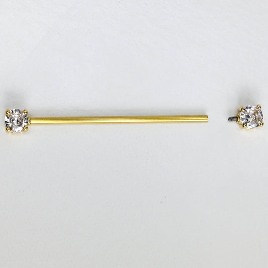 14G Clear Gem Gold Tone Internally Threaded Industrial Barbell 38mm