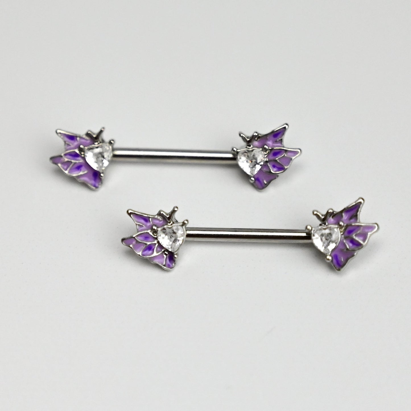 14G 9/16 Clear Gem Heart Butterfly Purple Barbell Nipple Ring Set