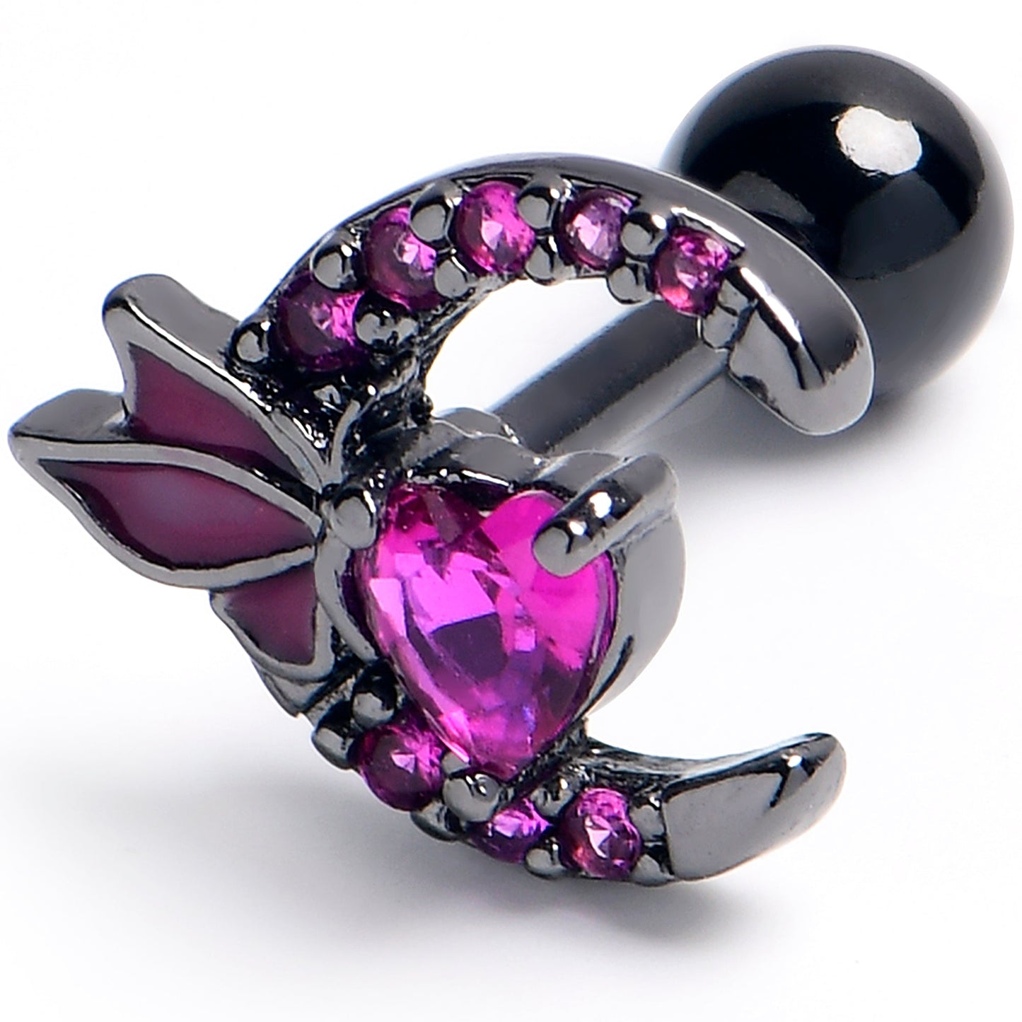 16G 1/4 Pink Gem Black Butterfly Moon Heart Cartilage Earring