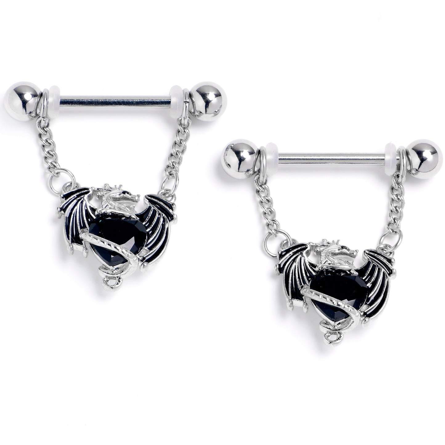 14G 9/16 Black CZ Gem Heart of Dragon Dangle Nipple Ring Set