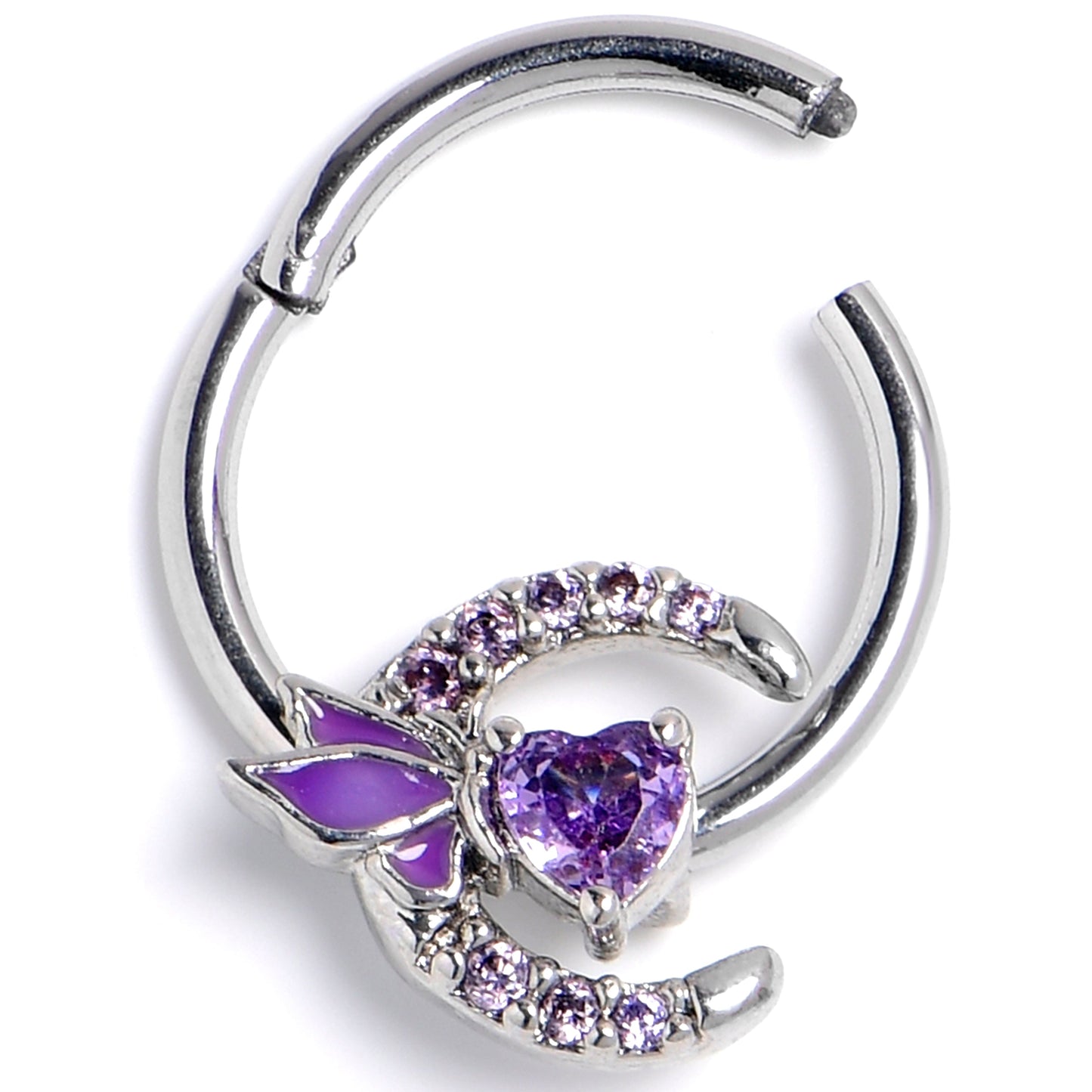 16G 3/8 Purple Gem Butterfly Heart Moon Hinged Segment Ring