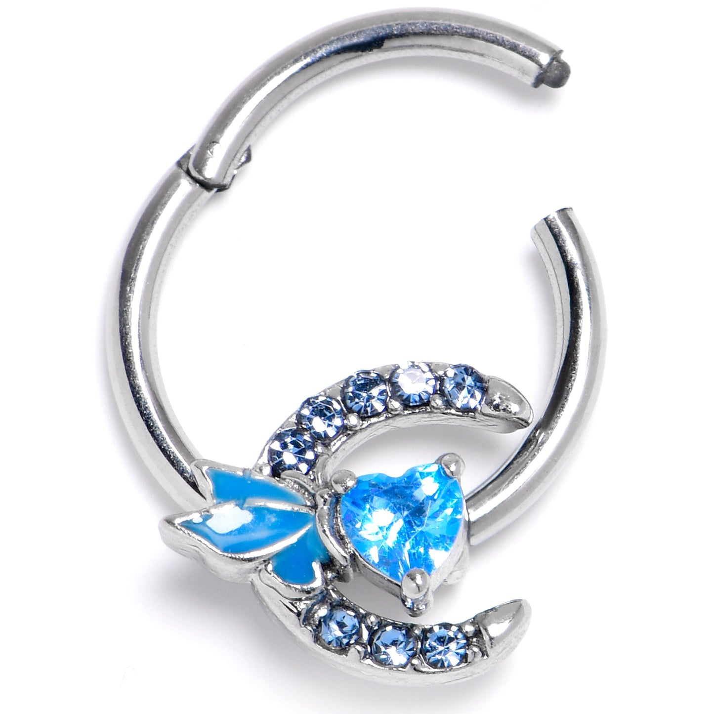 16G 3/8 Blue Gem Butterfly Moon Heart Hinged Segment Ring
