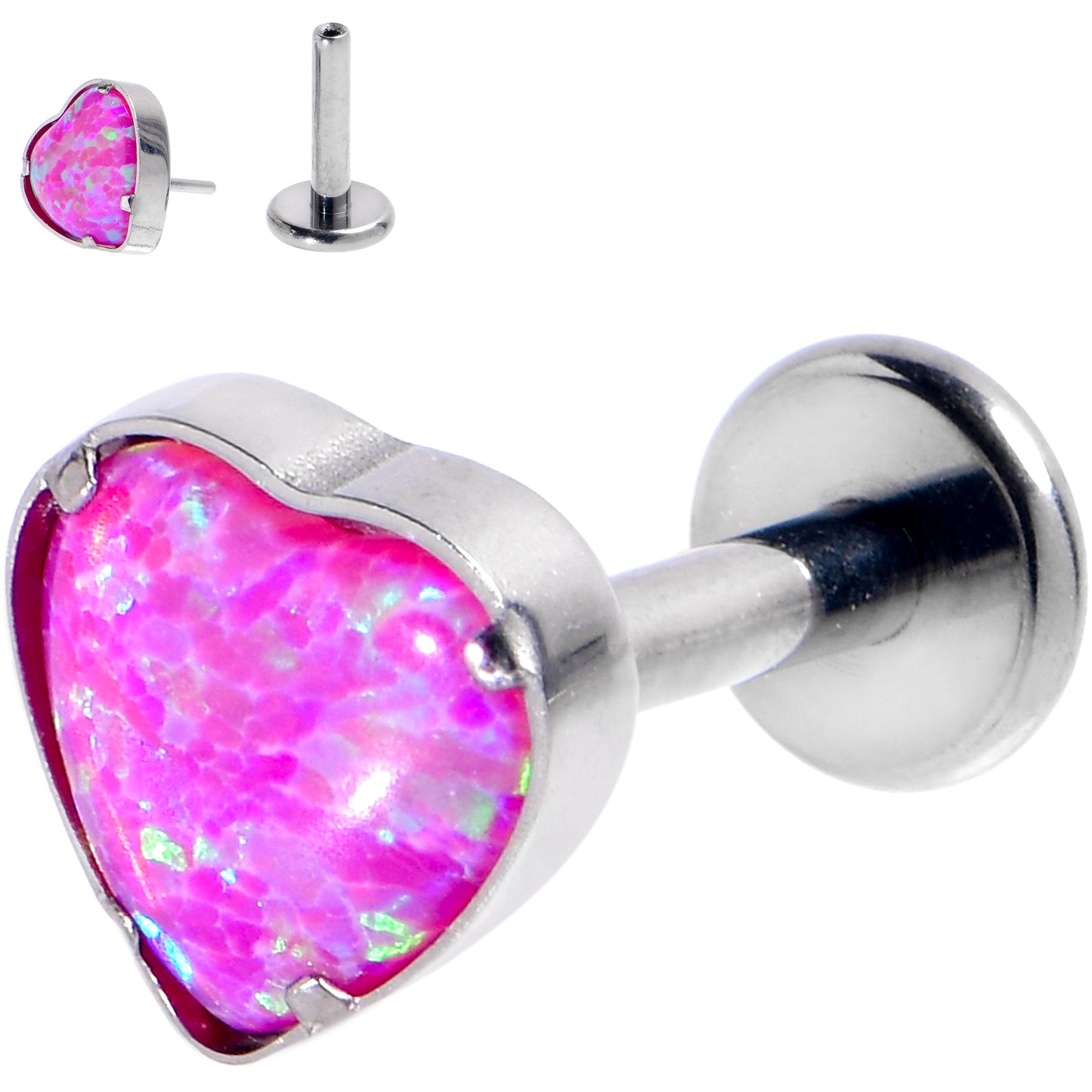 16G 1/4 Pink Synthetic Opal G23 Titanium Threadless Heart Labret