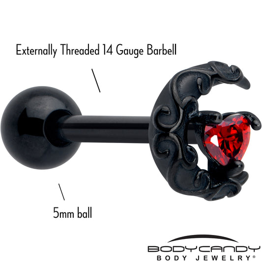 Red CZ Gem Black Scroll Moon Heart Barbell Tongue Ring