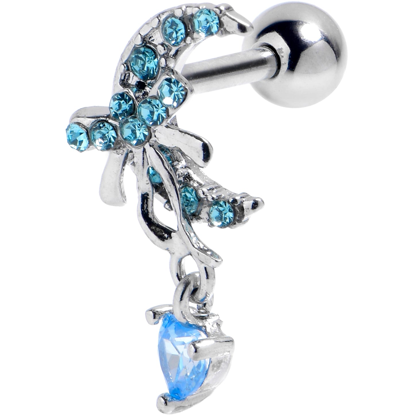 16G 1/4 Blue Gem Moon Bow Heart Cartilage Tragus Earring