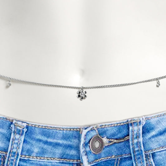 Clear Gem Flower Hippie Black Belly Chain
