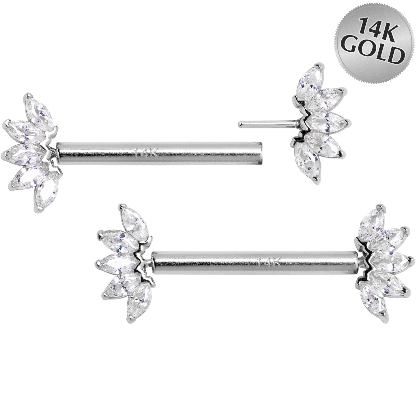 14G 9/16 Solid 14k White Gold CZ Floral Push In Threadless Nipple Ring Set