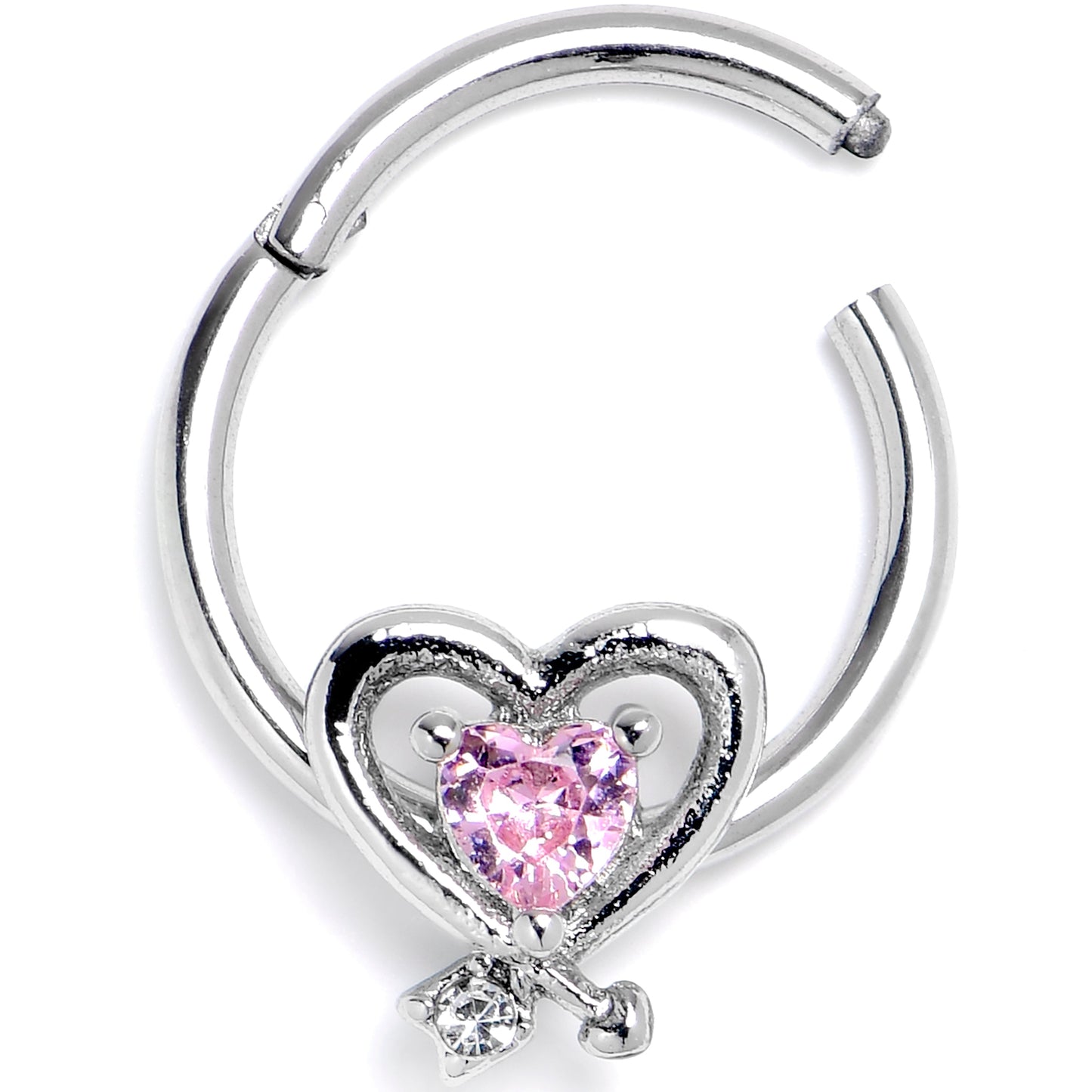 16G 3/8 Pink CZ Gem Wrapped In Heart Hinged Segment Ring