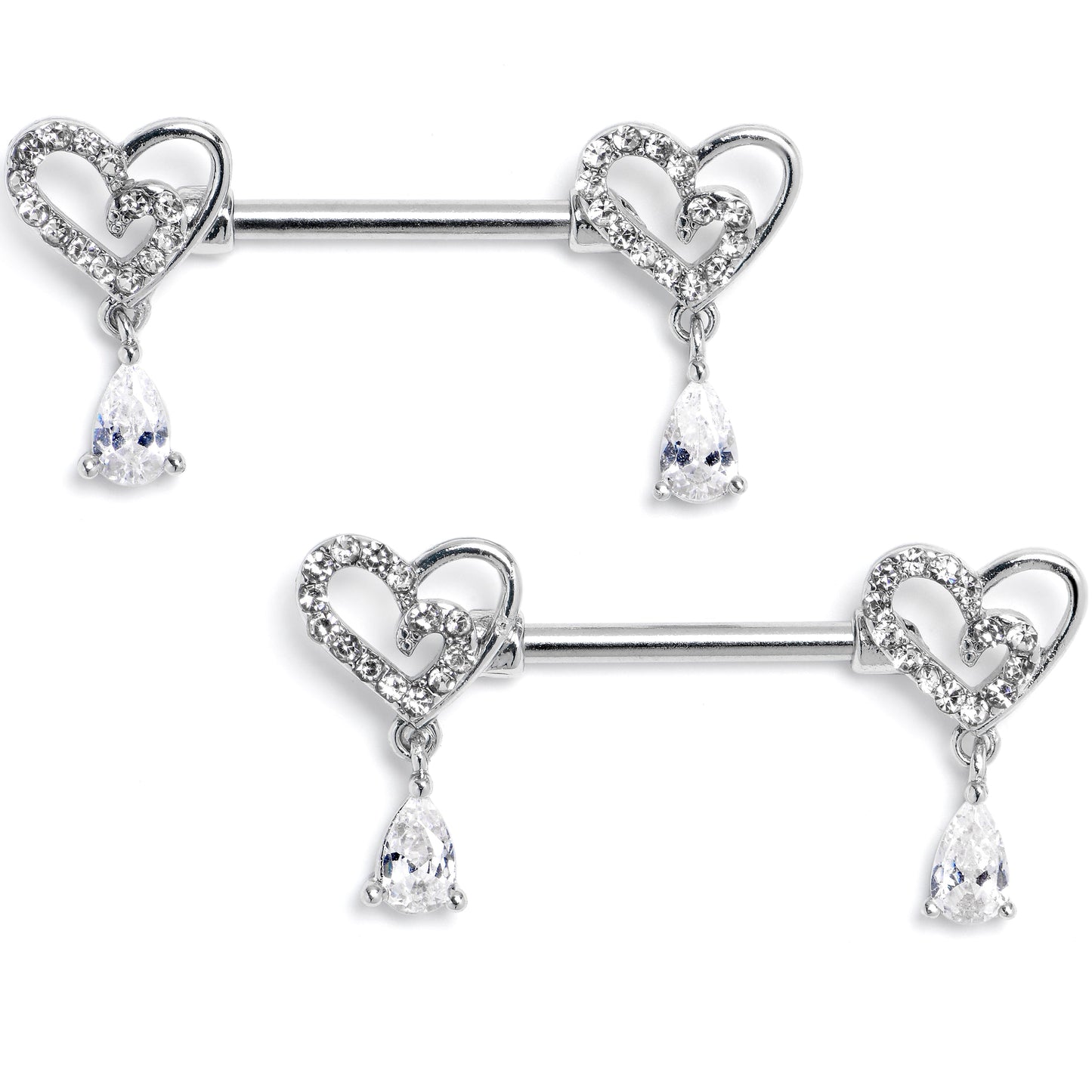 14G 9/16 Clear CZ Gem Asymmetrical Heart Dangle Nipple Ring Set