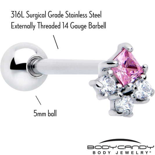Pink Clear CZ Gem Rhombus Riot Barbell Tongue Ring