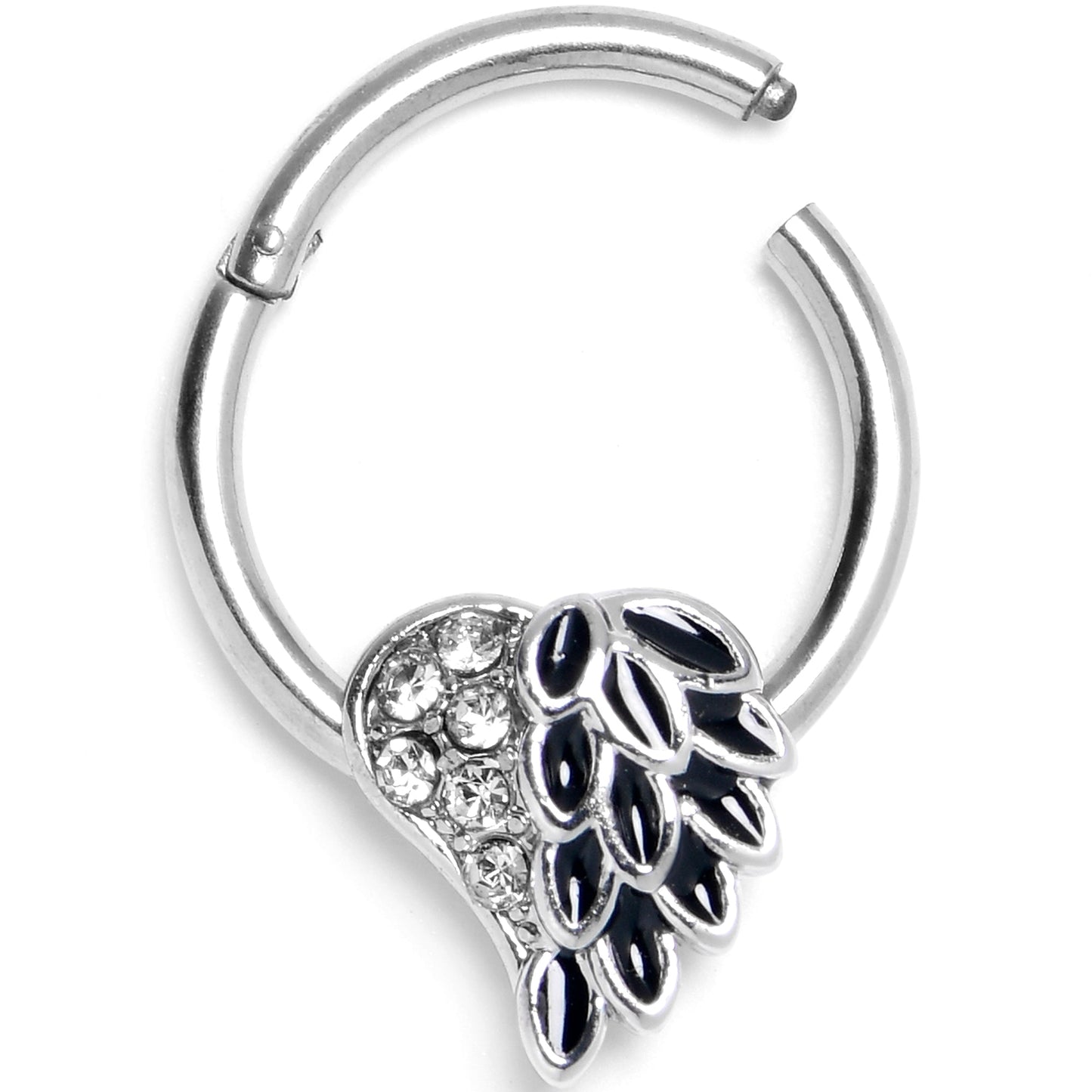 16G 3/8 Black Heavenly Heart Angel Wings Hinged Segment Ring
