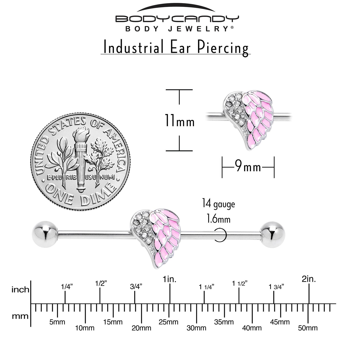 14G Pink Heavenly Heart Angel Wings Industrial Barbell 38mm