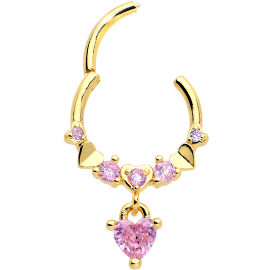 16G 3/8 Pink CZ Gem Gold Tone Love Heart Dangle Hinged Segment Ring