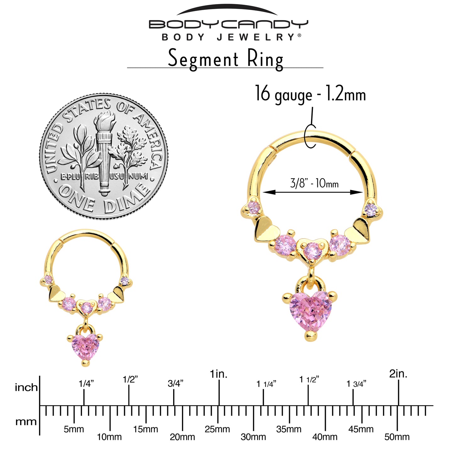 16G 3/8 Pink CZ Gem Gold Tone Love Heart Dangle Hinged Segment Ring