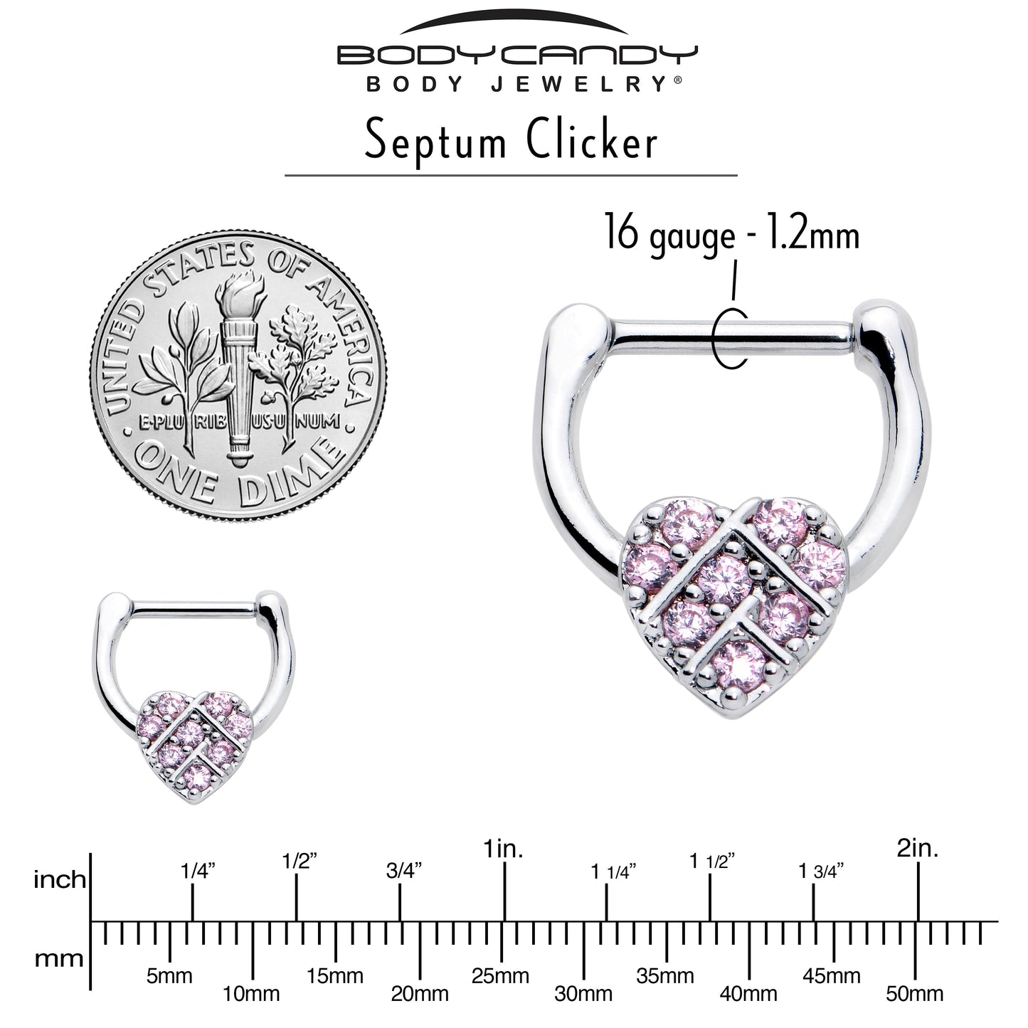 16G 1/4 Pink CZ Gem Lattice Heart Cartilage Clicker