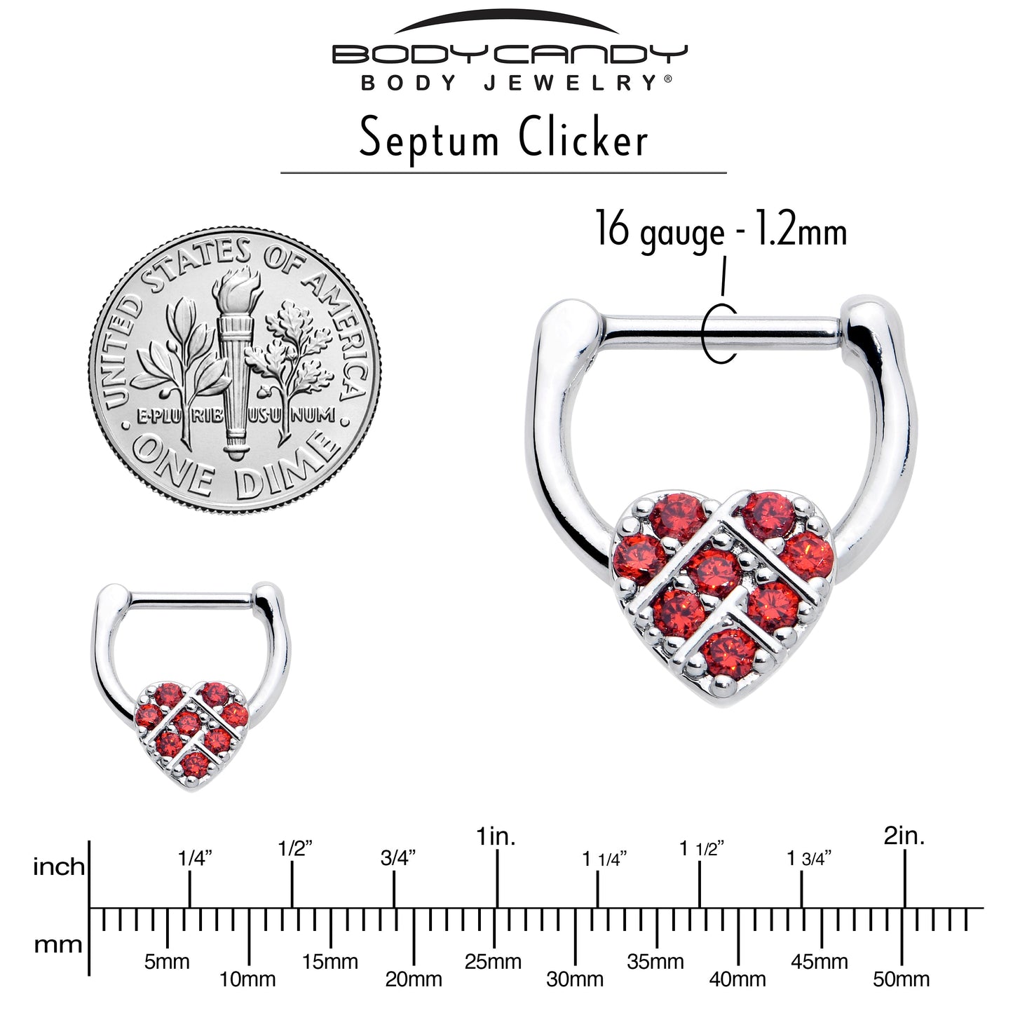 16G 1/4 Red CZ Gem Lattice Heart Cartilage Clicker