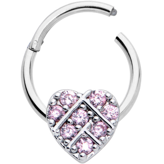 16G 3/8 Pink CZ Gem Lattice Heart Hinged Segment Ring