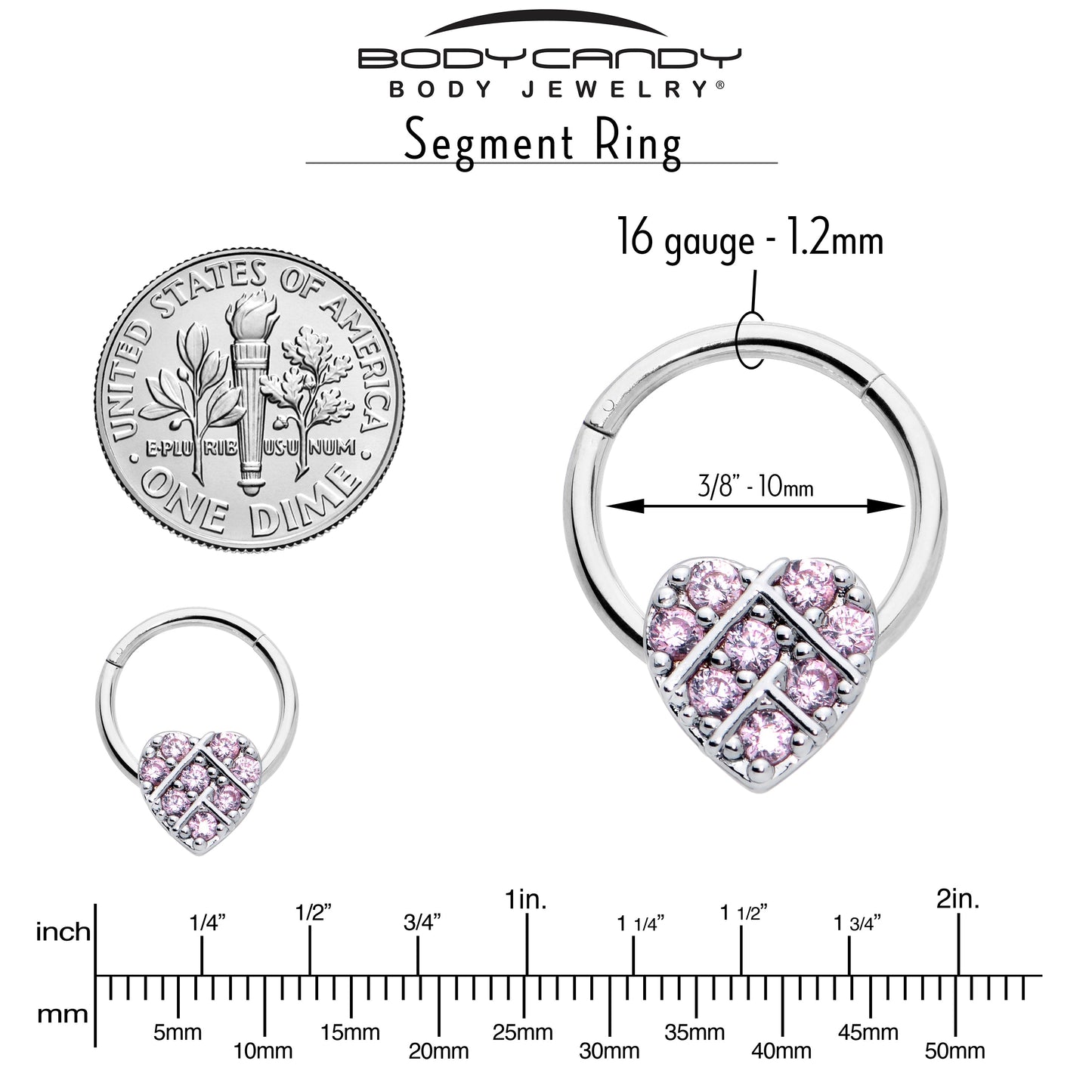 16G 3/8 Pink CZ Gem Lattice Heart Hinged Segment Ring