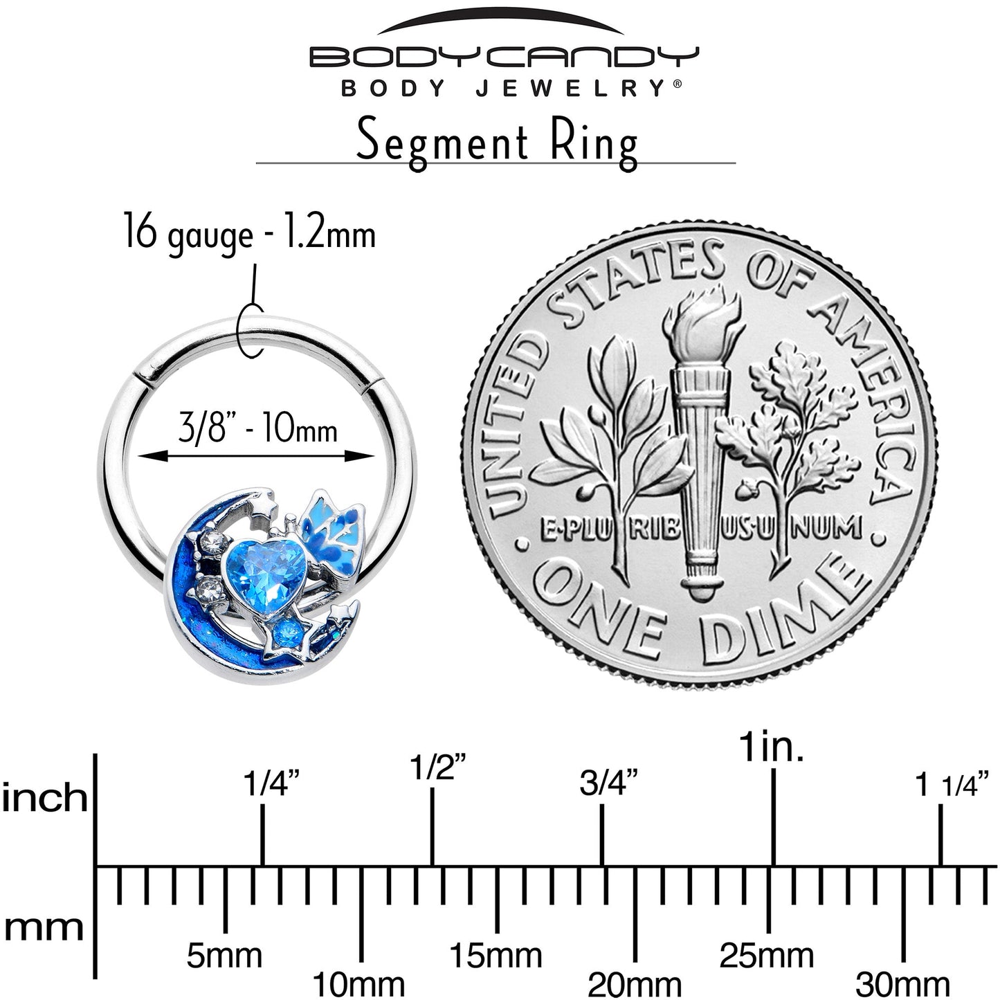 16G 3/8 Blue CZ Gem Butterfly Love Heart Hinged Segment Ring