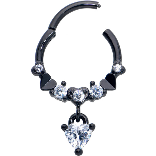 16G 3/8 Clear CZ Gem Black Love Heart Dangle Hinged Segment Ring