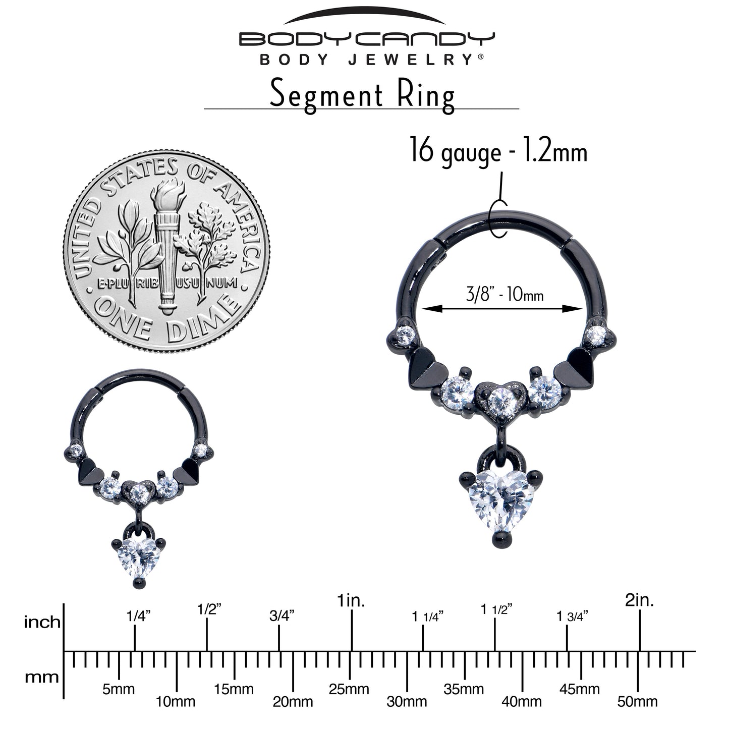 16G 3/8 Clear CZ Gem Black Love Heart Dangle Hinged Segment Ring