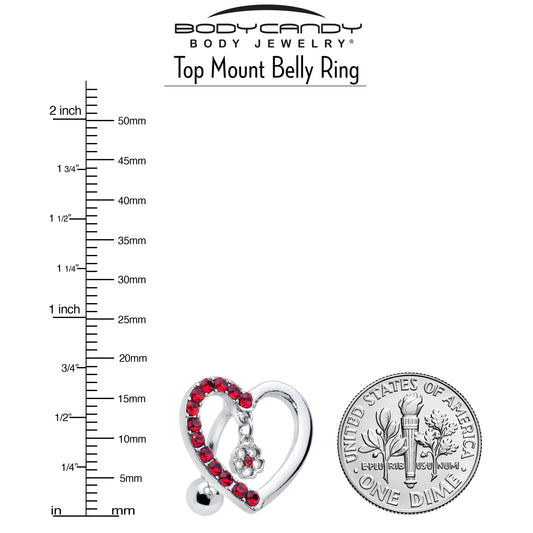 Red CZ Gem Asymmetrical Heart Flower Dangle Top Mount Belly Ring